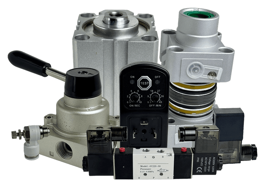 Linha de automação pneumática distribuída pela Odin Automação: cilindro compacto, válvula solenoide, válvula rotativa, temporizador e conexão